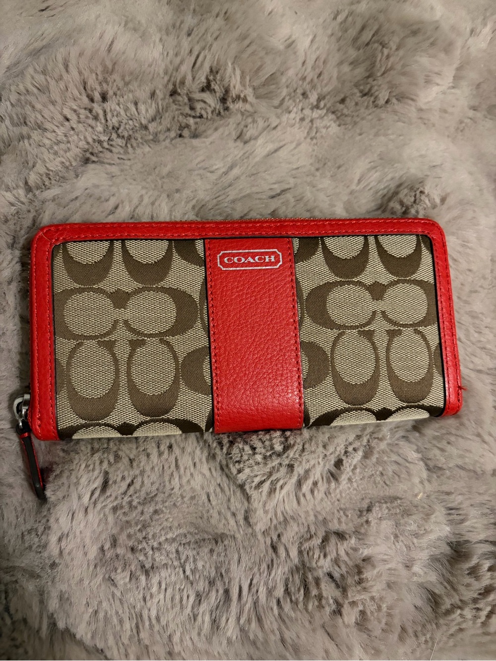 Coach Signature Zip Wallet with Red Trim
